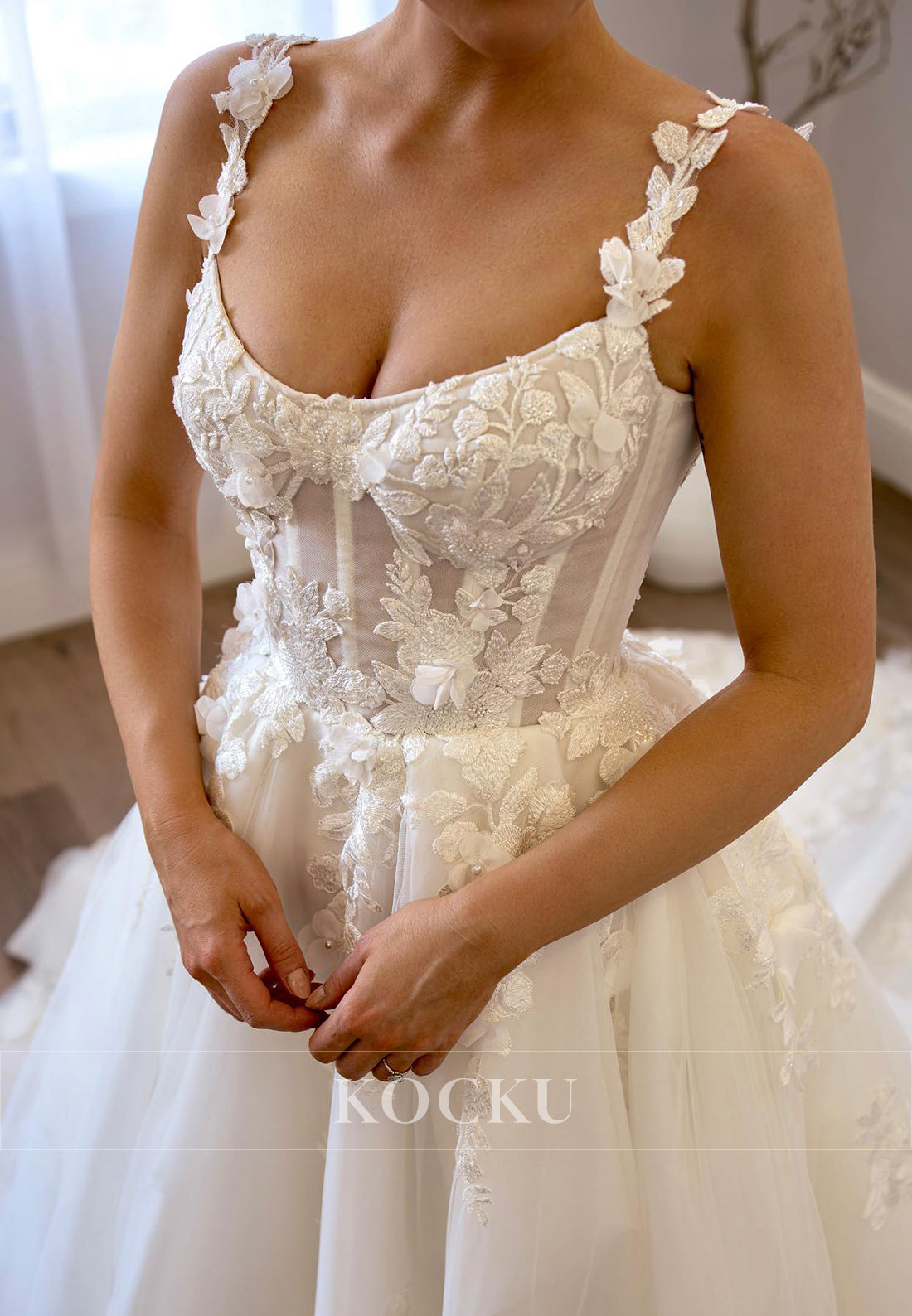 Spaghetti - Strap Backless Tulle Ball Gown Wedding Dress with 3D Floral Appliqués & Train