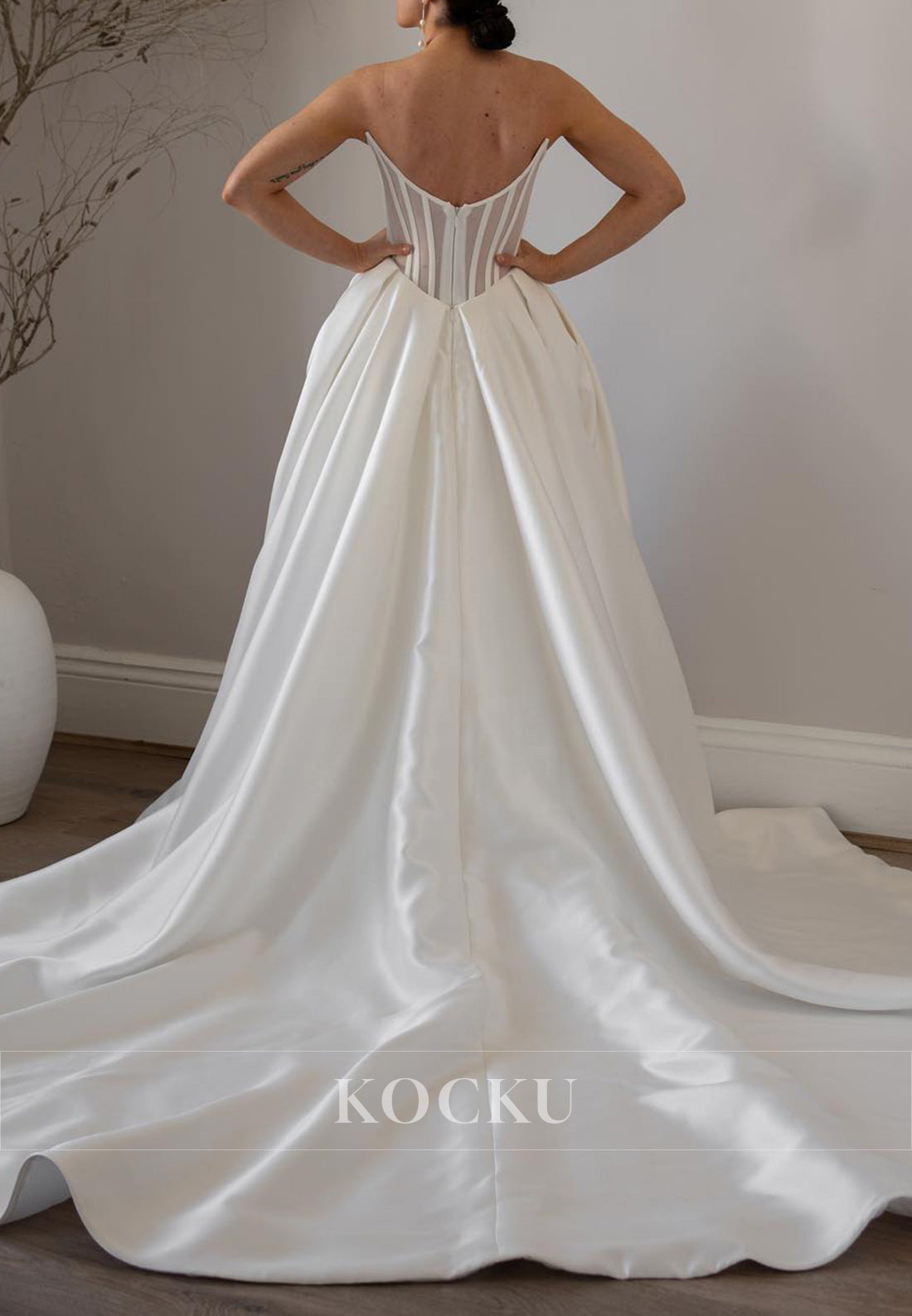 Strapless Satin Ball Gown Wedding Dress with Sheer Bodice, Side Slit & Pockets