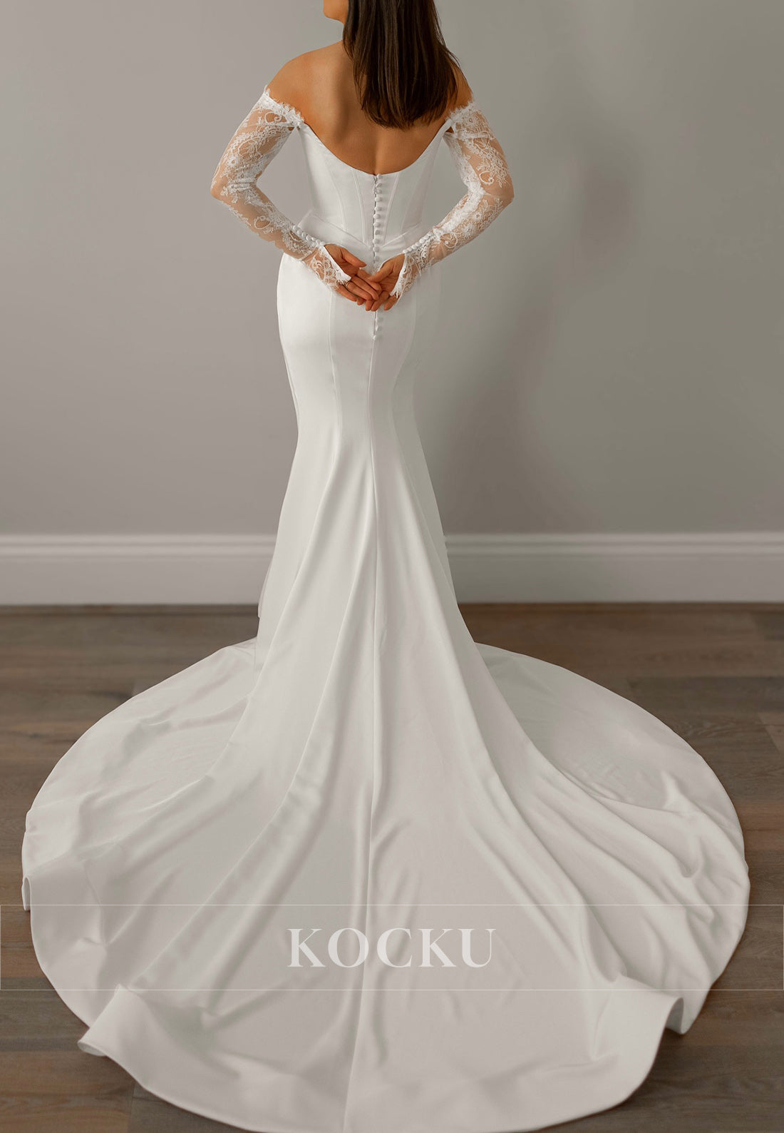 Off - Shoulder Satin Wedding Dress with Lace - Satin Split & Sheer Sleeves