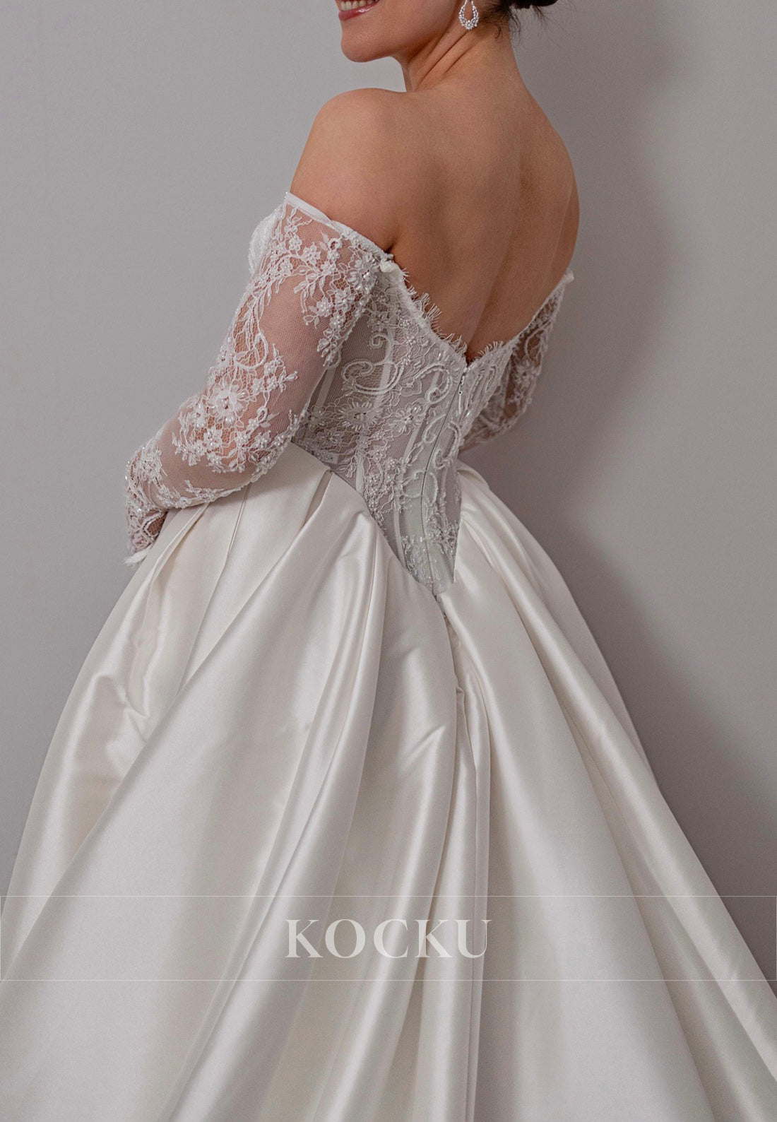 Off - Shoulder Ballgown Satin Wedding Dress with Lace Corset Bodice & High Slit