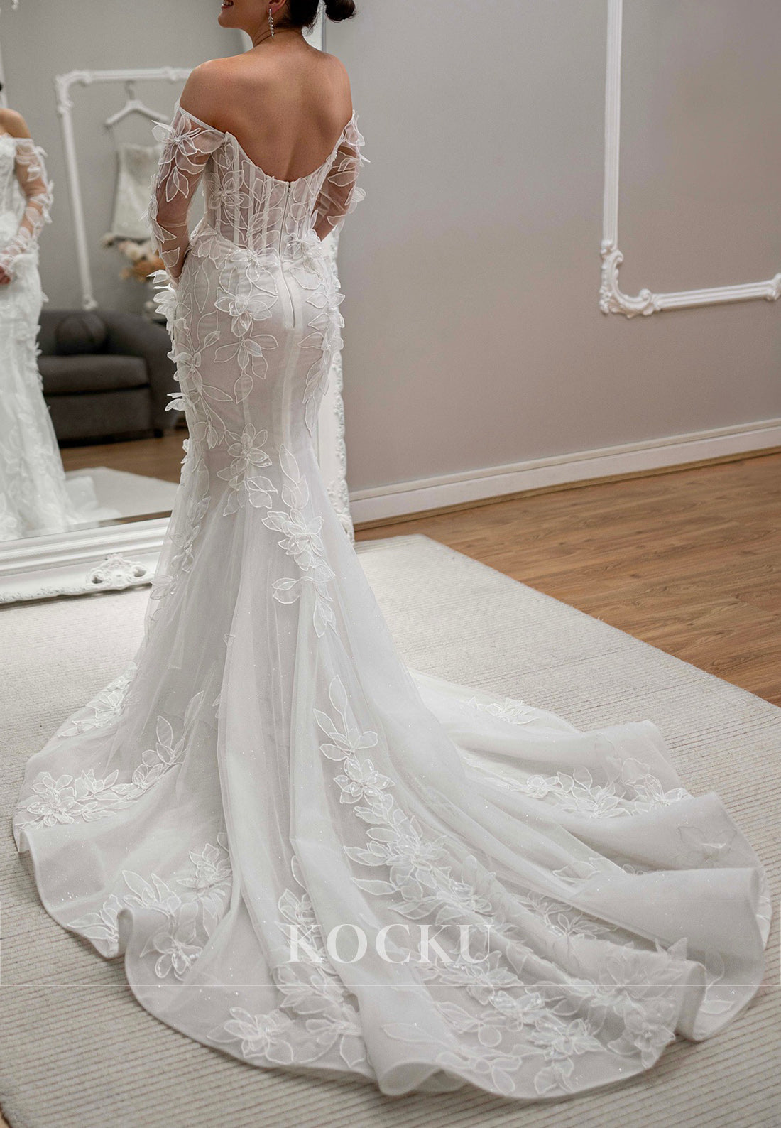 Off - Shoulder Mermaid Tulle Wedding Dress with 3D Floral Appliqués & Sheer Sleeves