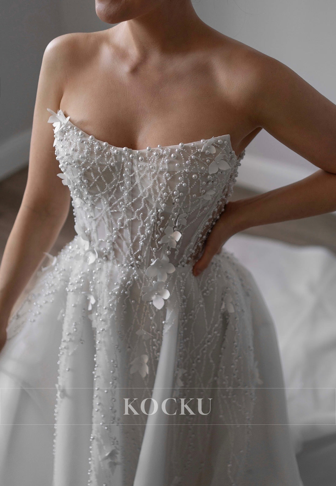 Strapless Ball Gown Wedding Dress with Beaded Embroidery & 3D Florals