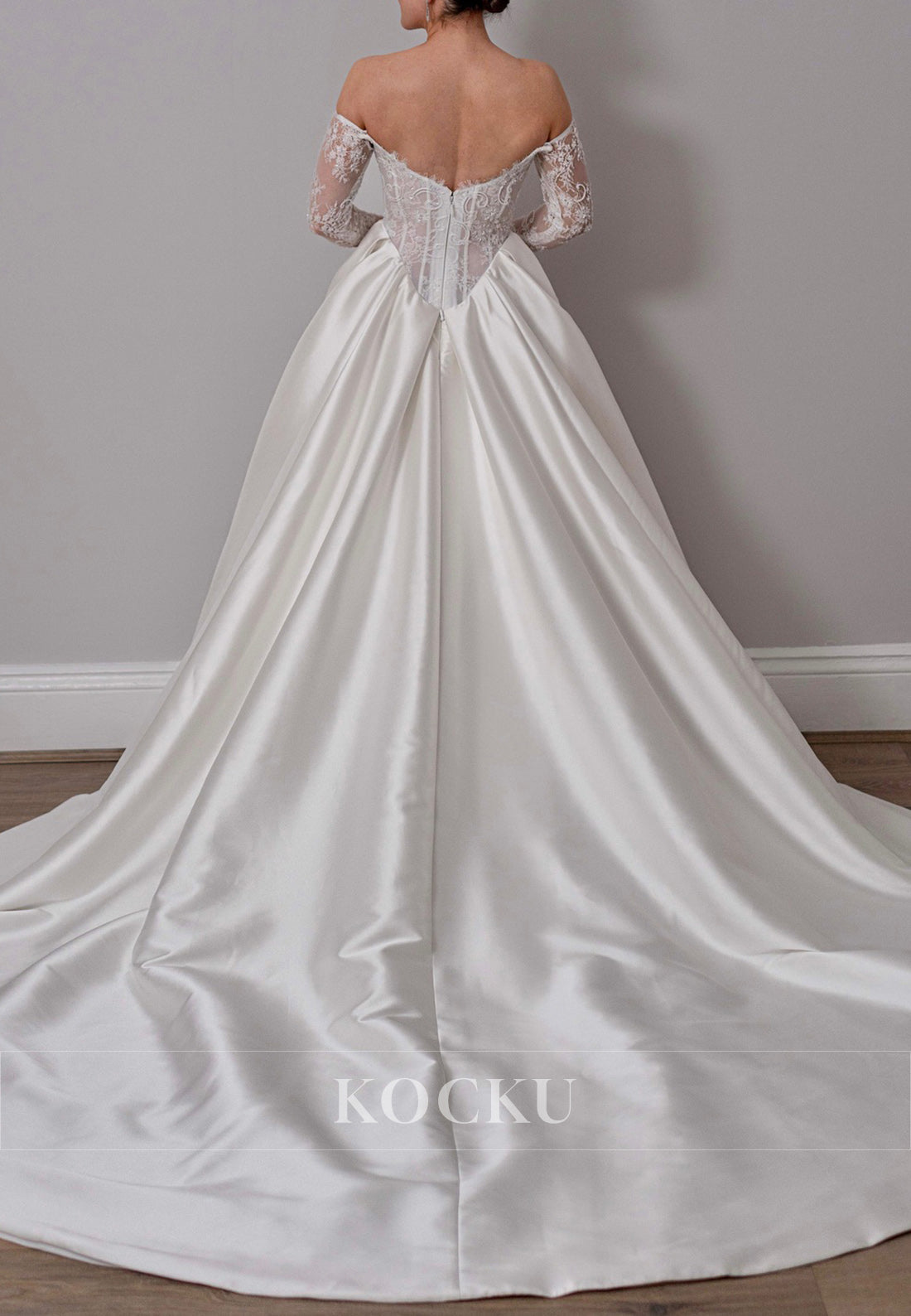 Off - Shoulder Ballgown Satin Wedding Dress with Lace Corset Bodice & High Slit