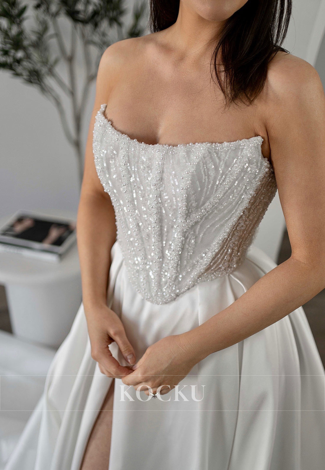 Strapless Beaded Bodice Ballgown Wedding Dress with Satin Skirt & High Slit