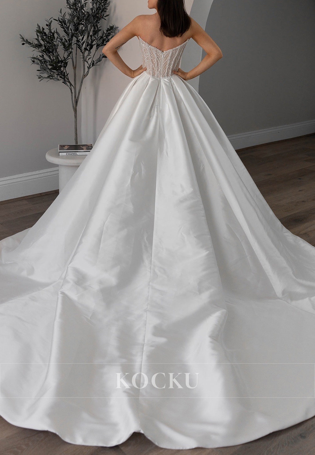 Strapless Beaded Bodice Ballgown Wedding Dress with Satin Skirt & High Slit