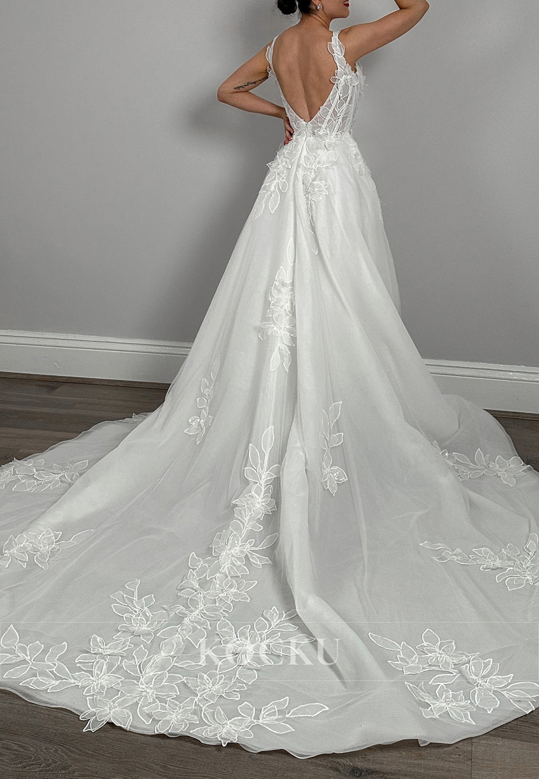 Spaghetti - Strap Backless Tulle Wedding Dress with 3D Floral Appliqués & High Slit