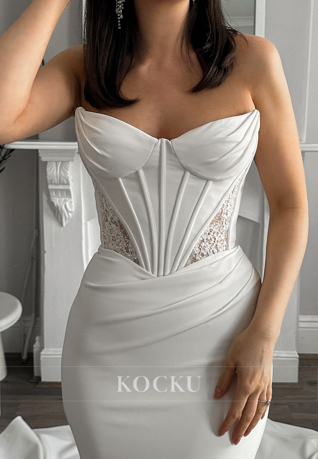 Elegant Strapless Satin Mermaid Wedding Dress with Sheer Corset Detail & Train
