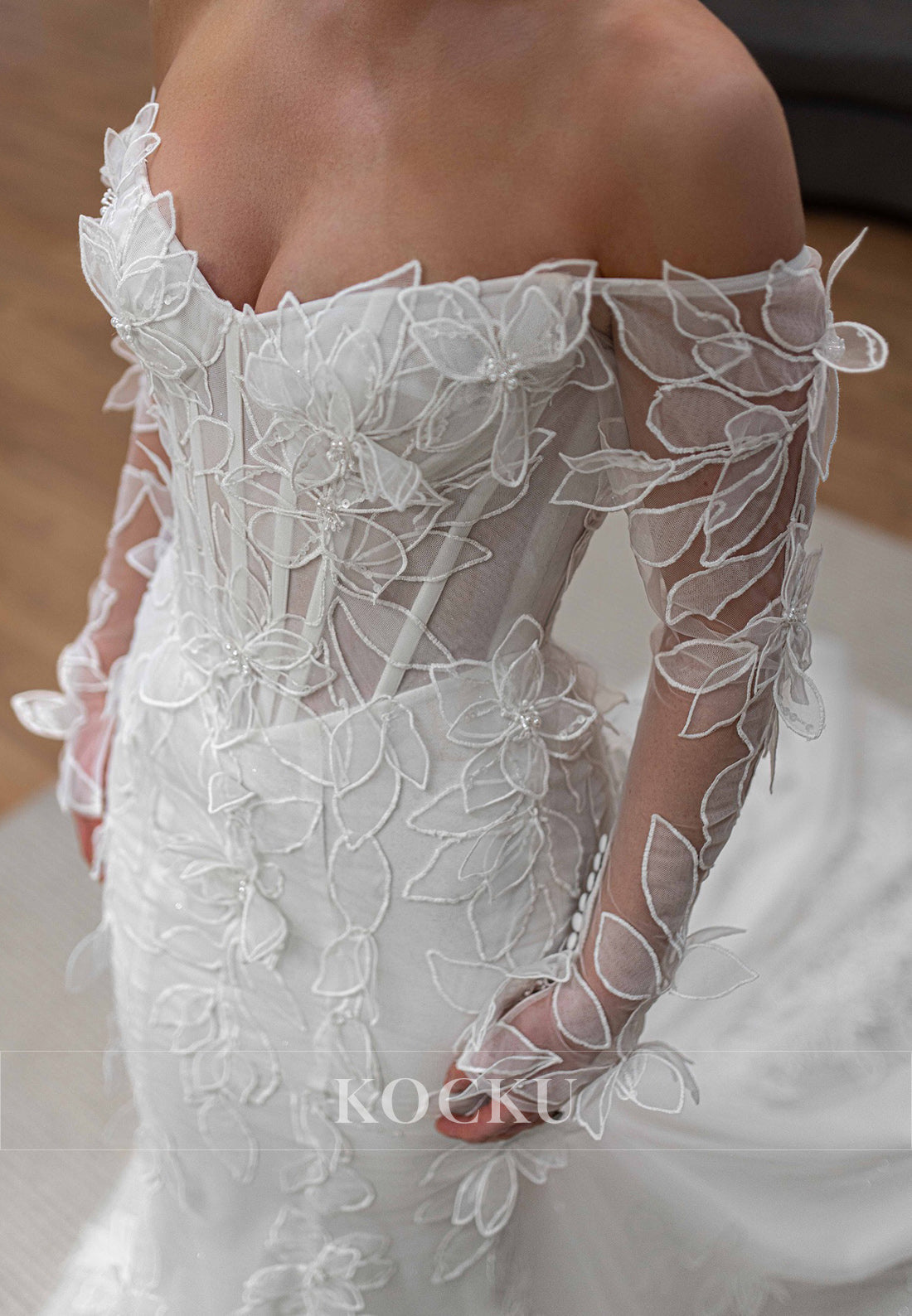 Off - Shoulder Mermaid Tulle Wedding Dress with 3D Floral Appliqués & Sheer Sleeves