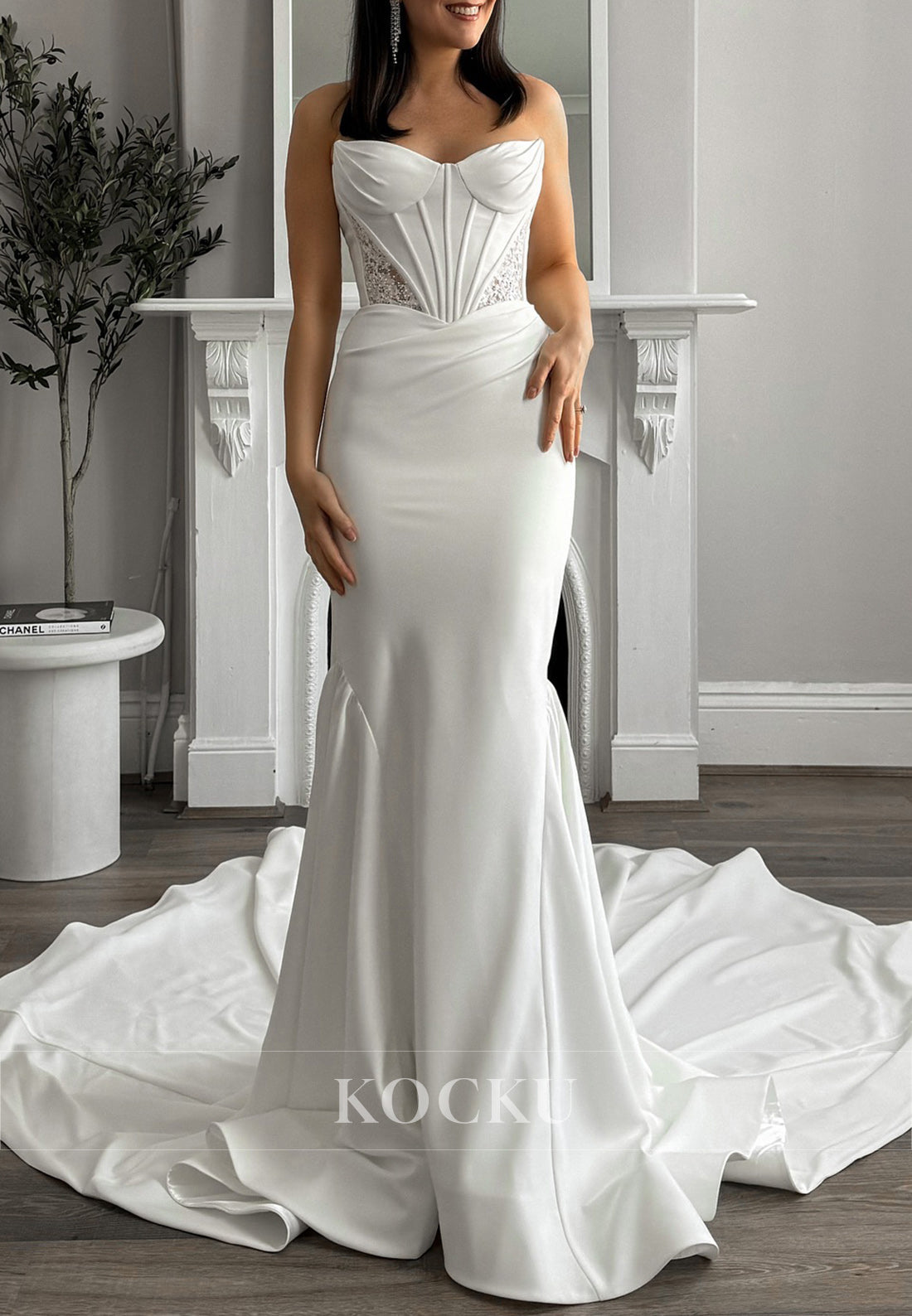 Elegant Strapless Satin Mermaid Wedding Dress with Sheer Corset Detail & Train
