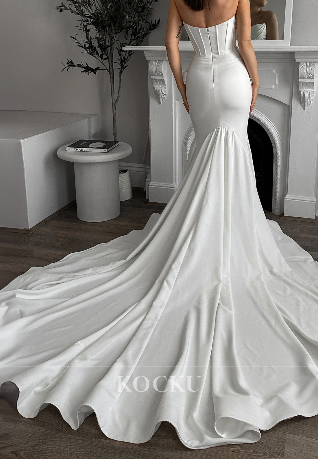 Elegant Strapless Satin Mermaid Wedding Dress with Sheer Corset Detail & Train