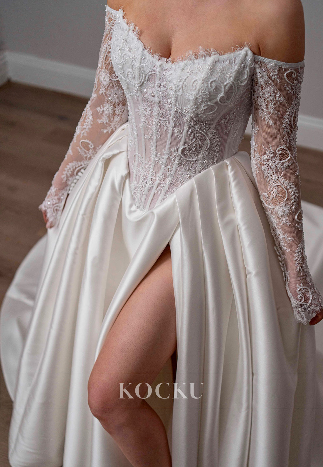 Off - Shoulder Ballgown Satin Wedding Dress with Lace Corset Bodice & High Slit