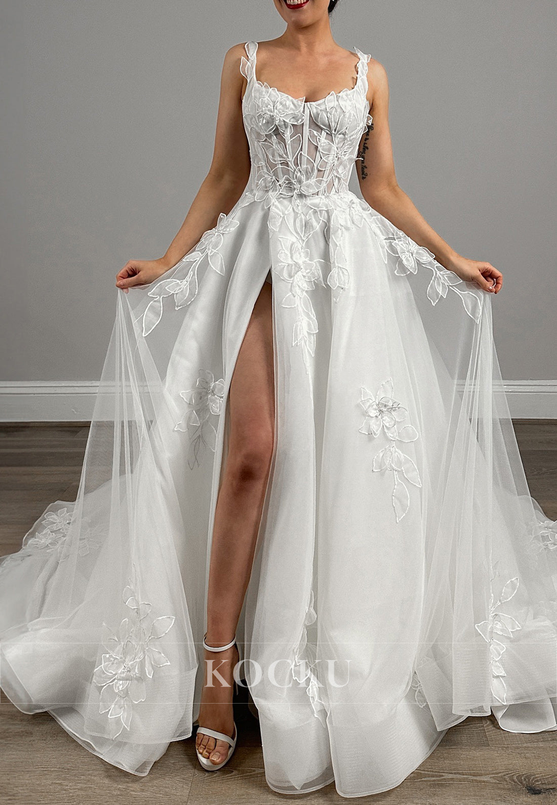 Spaghetti - Strap Backless Tulle Wedding Dress with 3D Floral Appliqués & High Slit