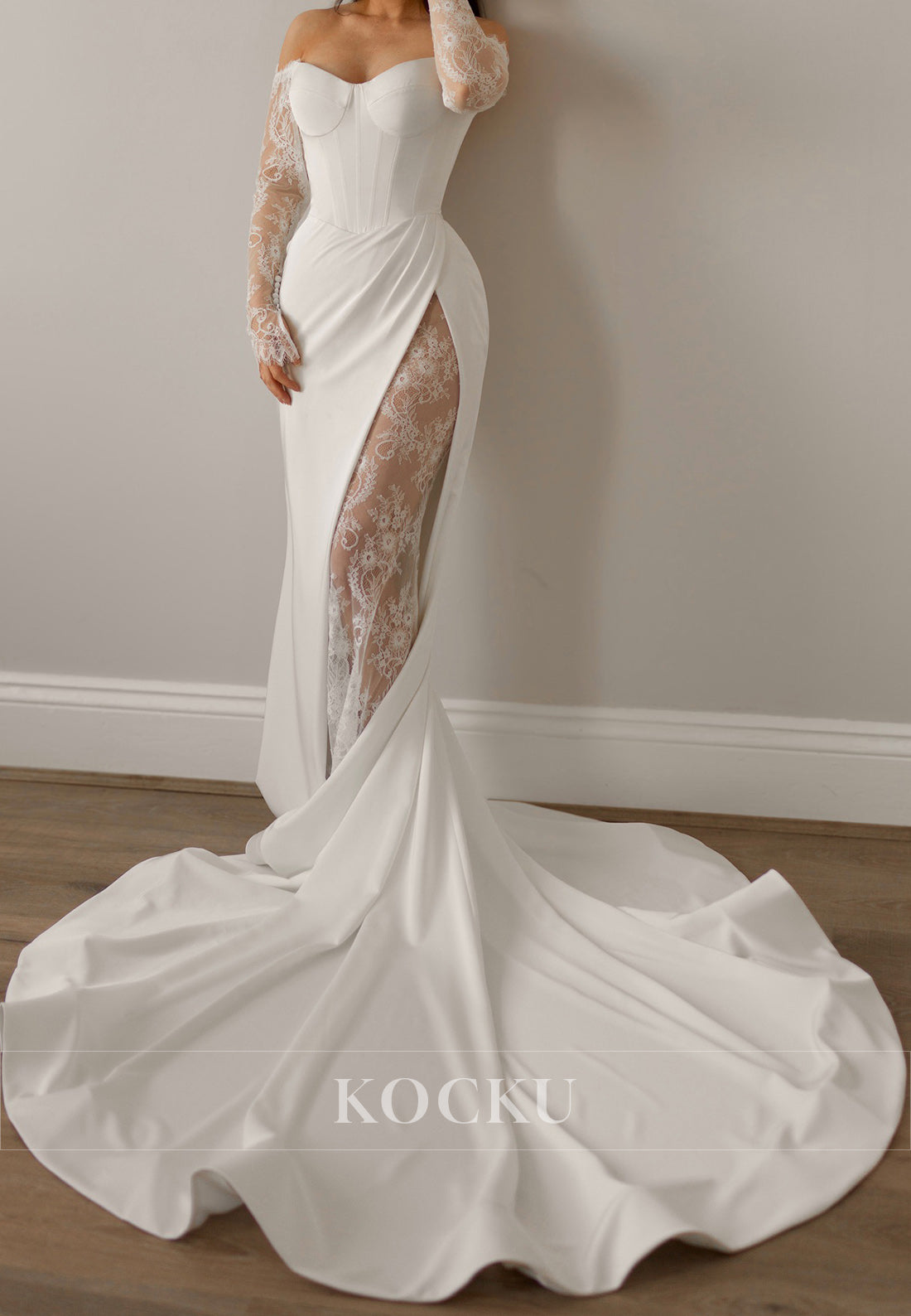 Off - Shoulder Satin Wedding Dress with Lace - Satin Split & Sheer Sleeves