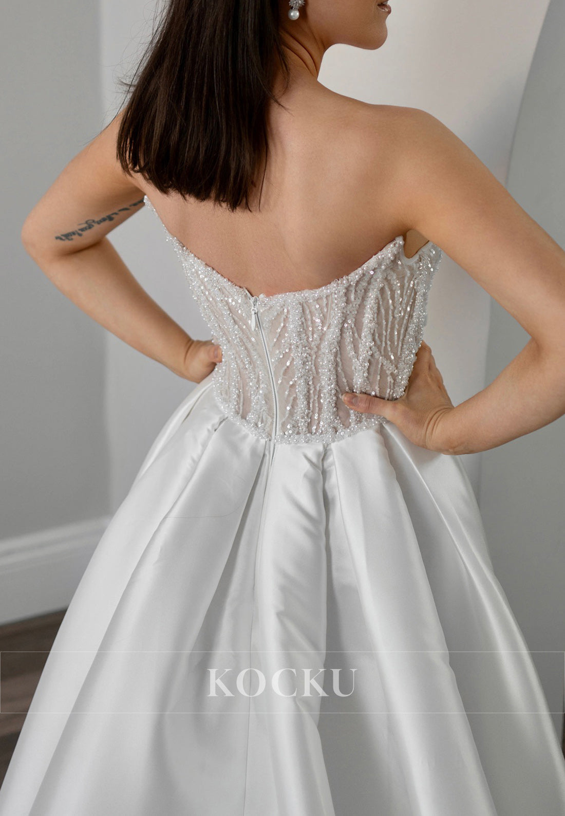 Strapless Beaded Bodice Ballgown Wedding Dress with Satin Skirt & High Slit