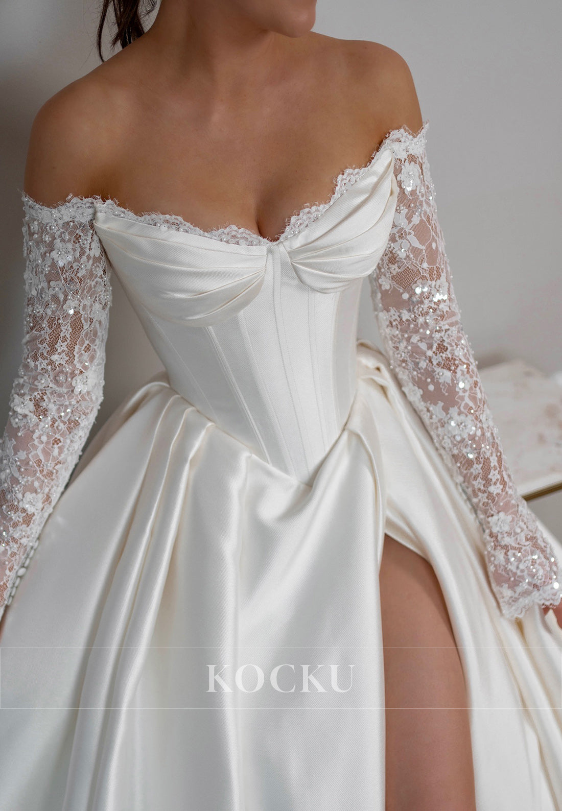 Lace-Trimmed Off - Shoulder Corset Bodice Ballgown Satin Wedding Dress with Sheer Sleeves & High Slit