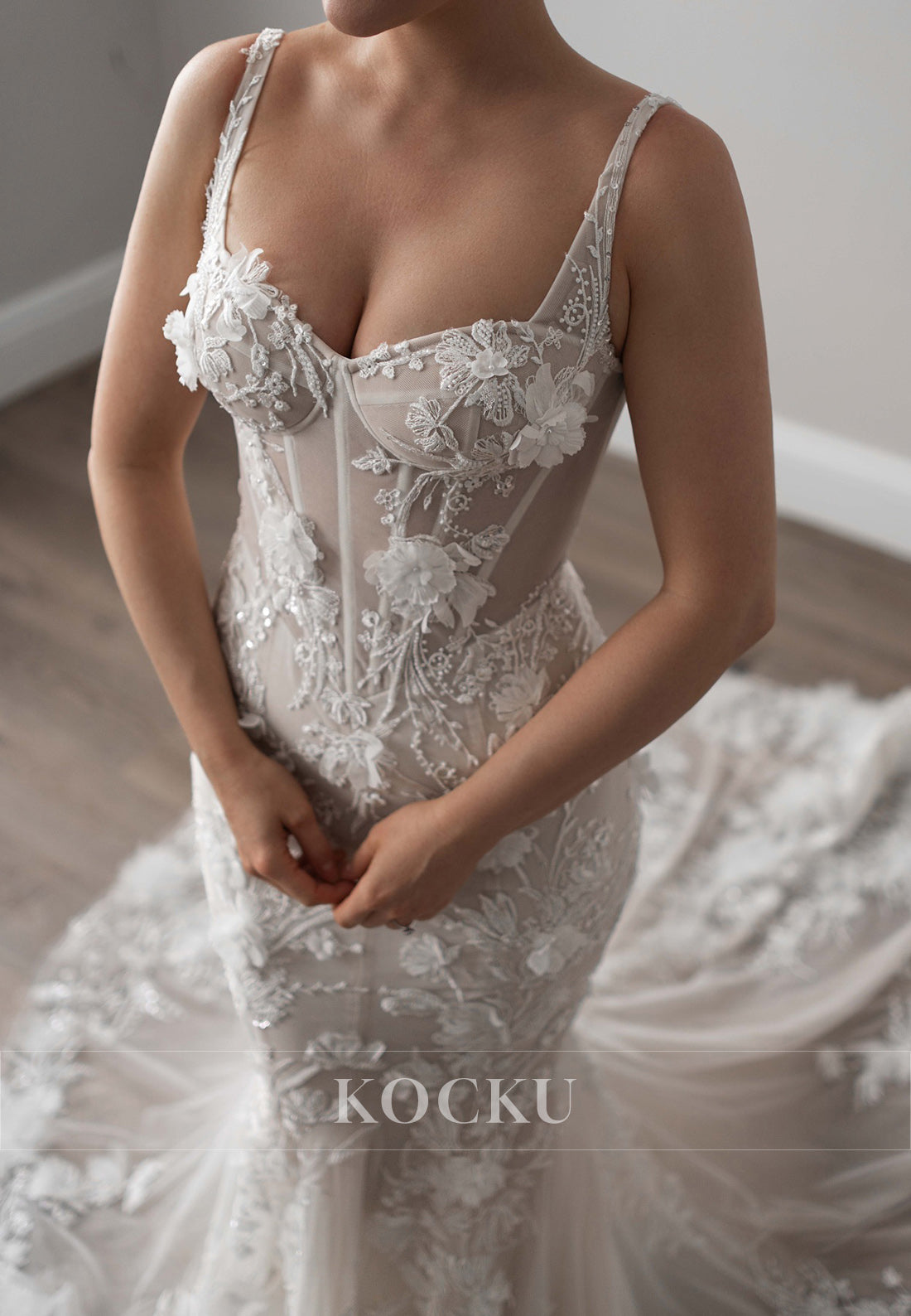 Romantic Sweetheart Tulle Mermaid Wedding Dress with 3D Floral Appliqués & Train