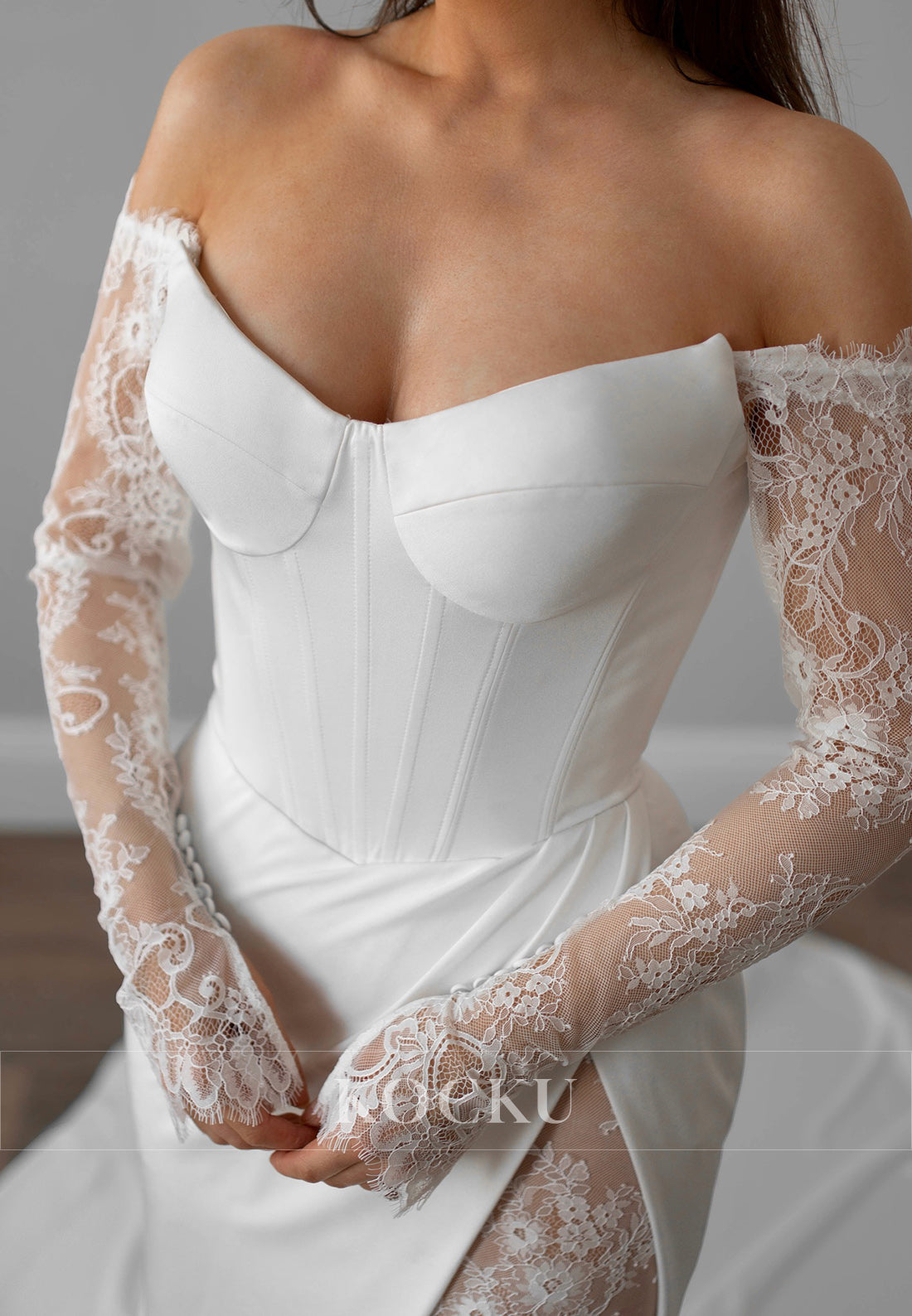 Off - Shoulder Satin Wedding Dress with Lace - Satin Split & Sheer Sleeves