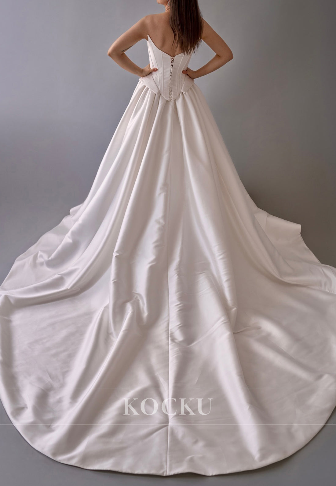 Strapless Satin Ball Gown Wedding Dress with Corset Bodice & Pearl Embellishments