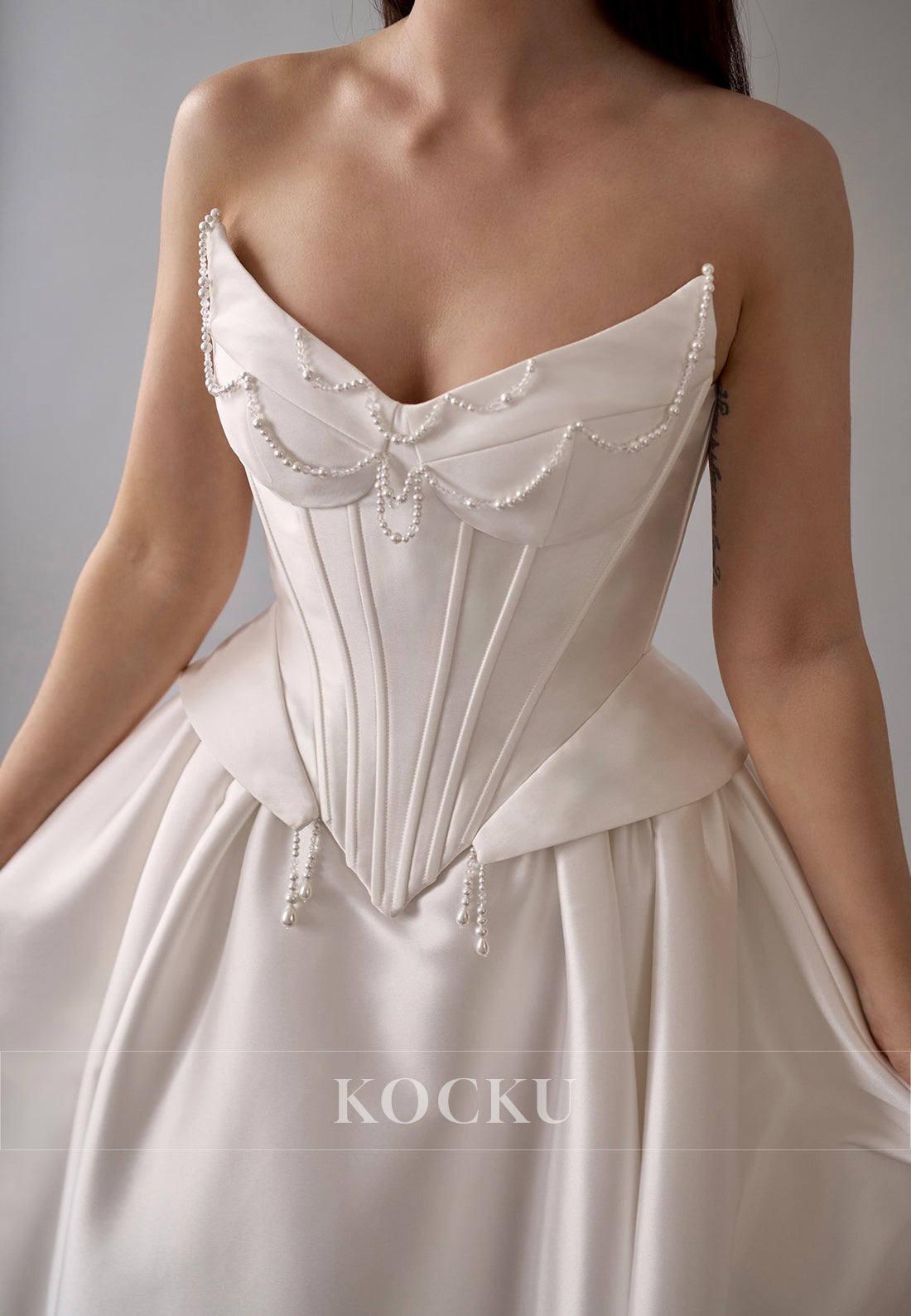 Strapless Satin Ball Gown Wedding Dress with Corset Bodice & Pearl Embellishments