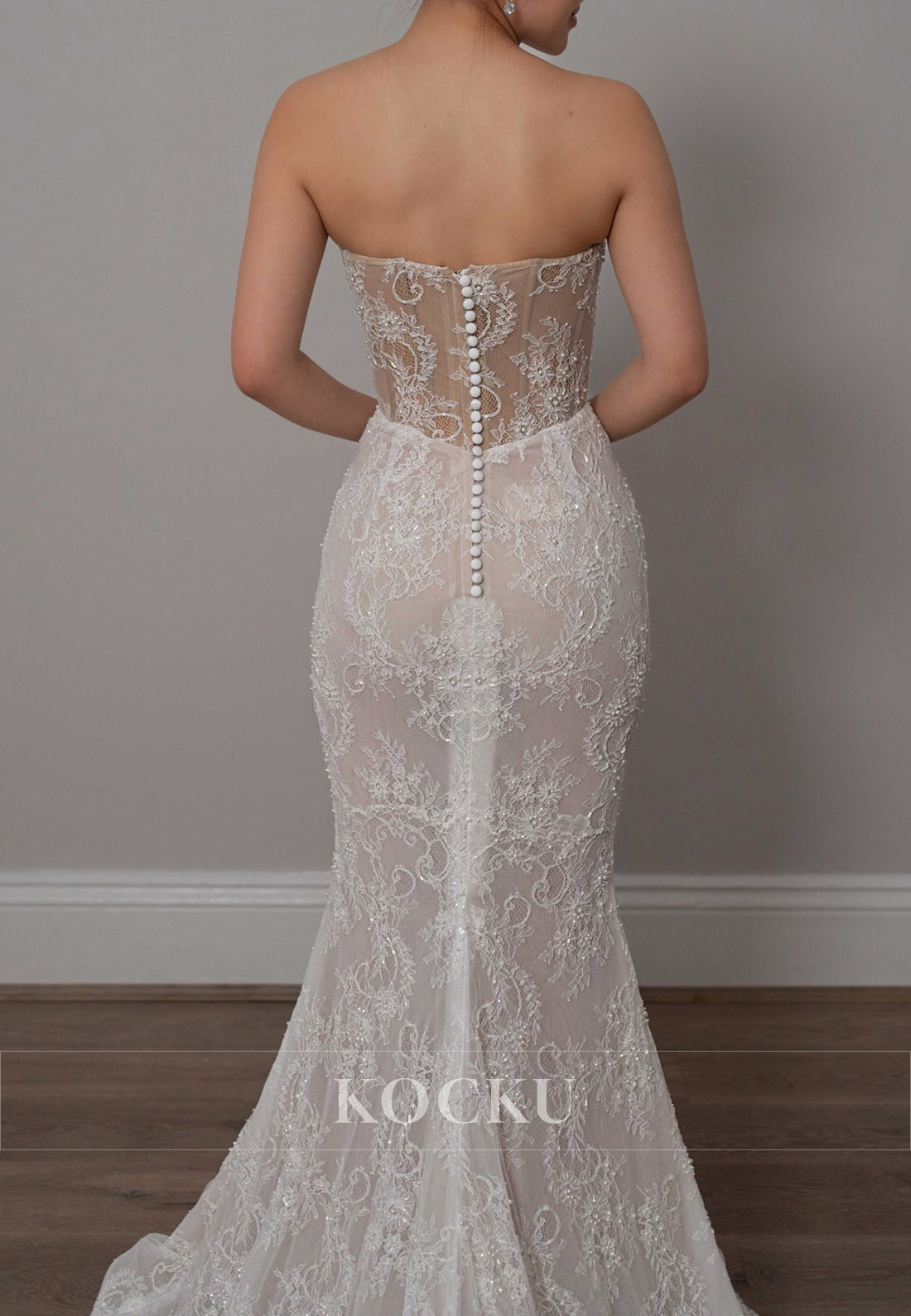 Strapless Lace Mermaid Wedding Dress with Sheer Corset & Train