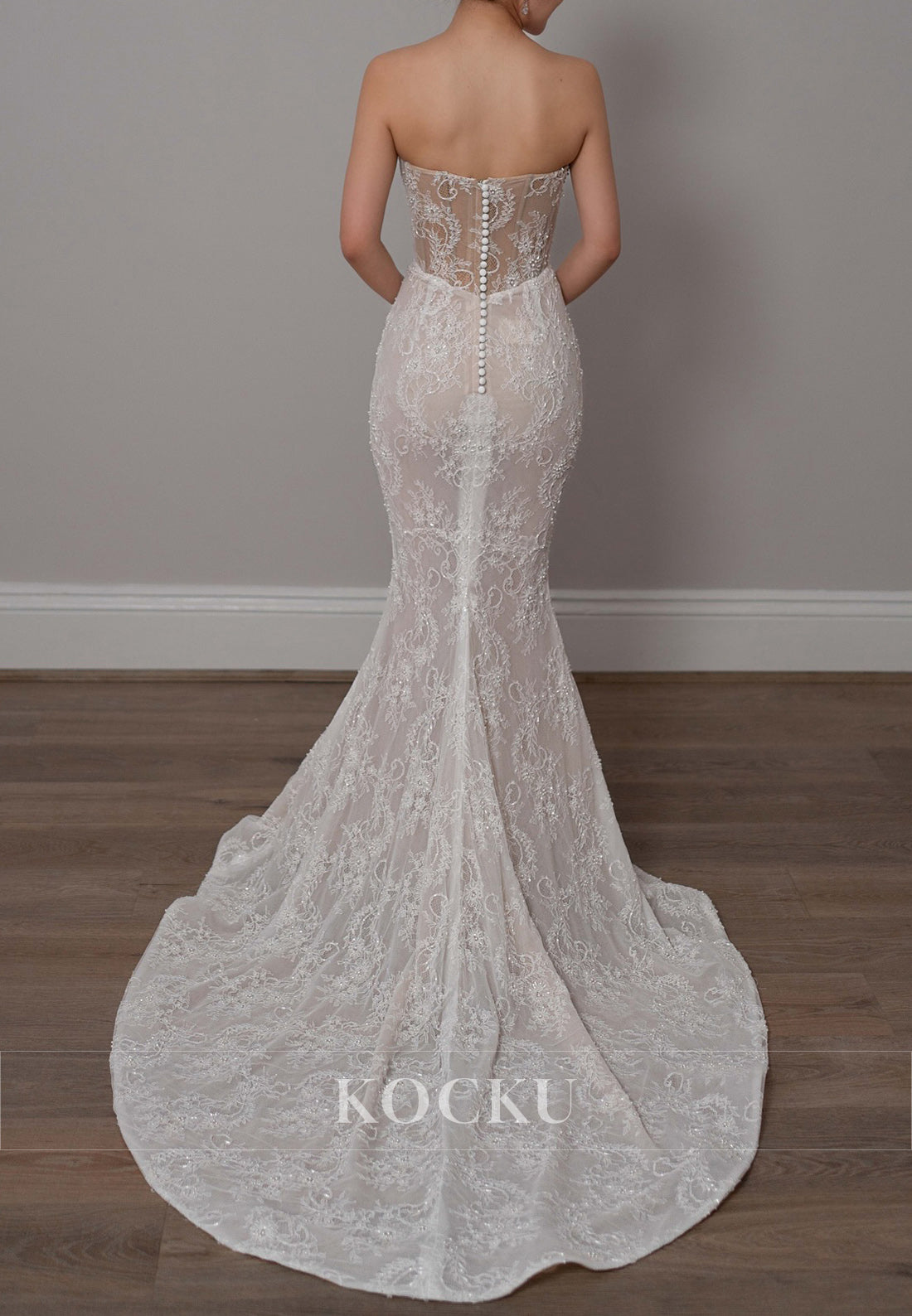 Strapless Lace Mermaid Wedding Dress with Sheer Corset & Train
