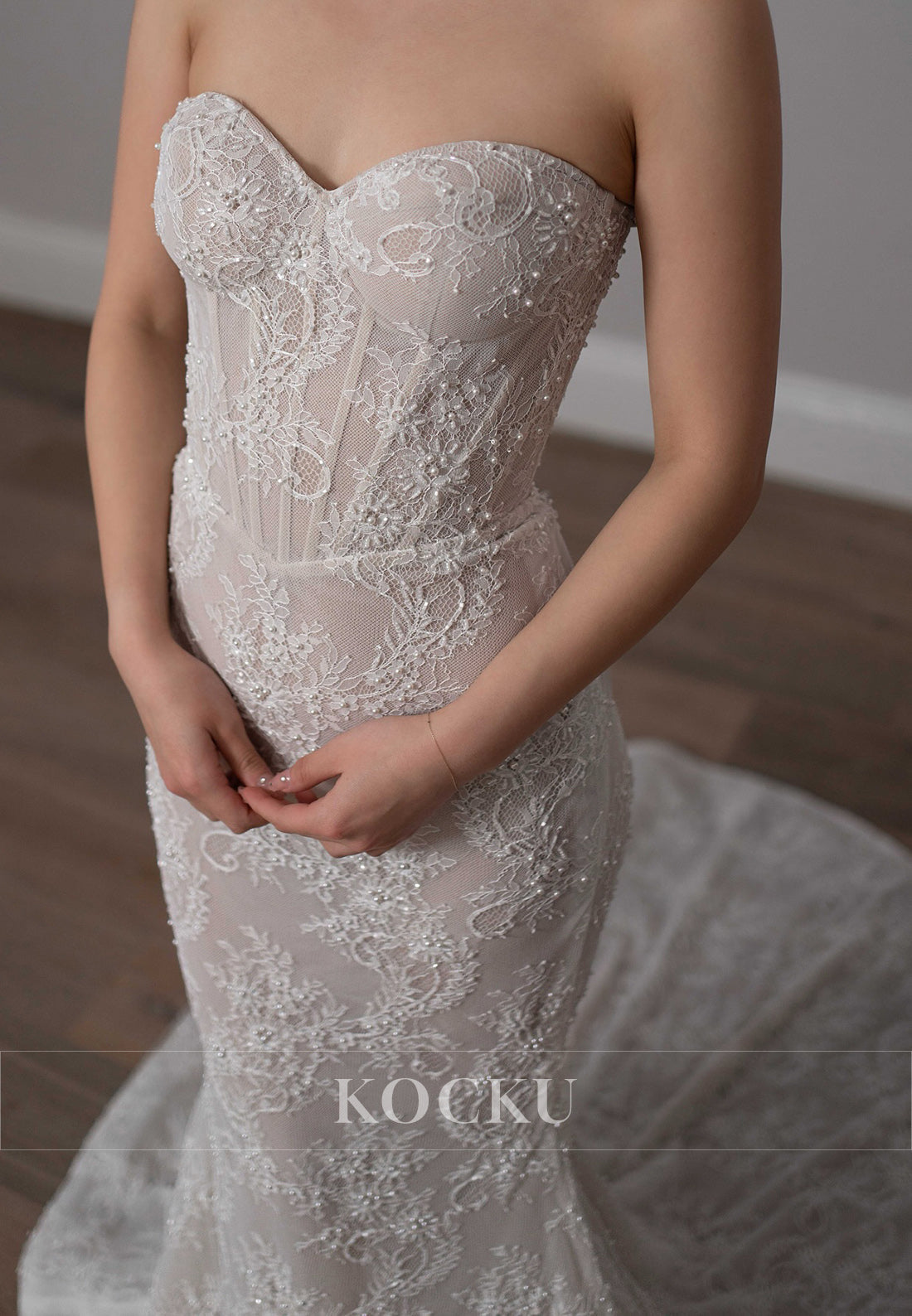 Strapless Lace Mermaid Wedding Dress with Sheer Corset & Train