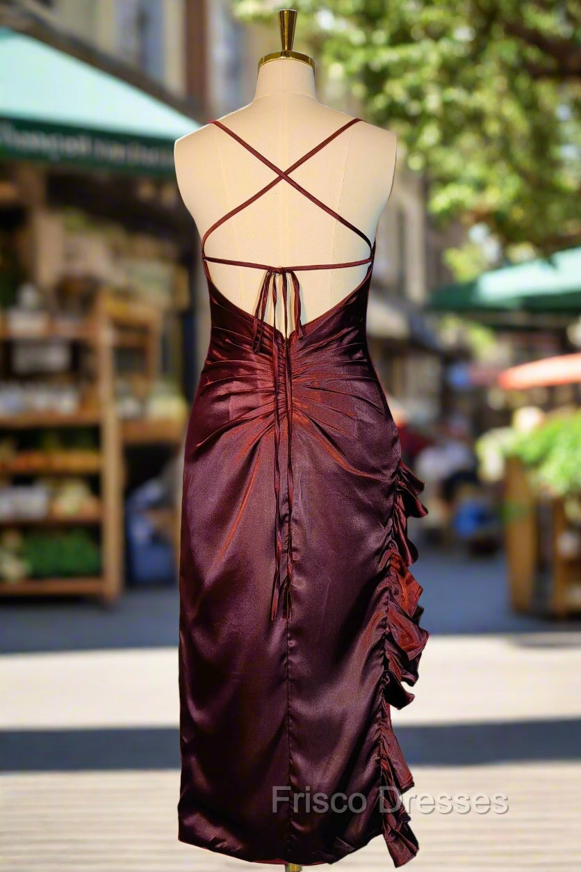 Burgundy Homecoming Dress Vintage Backless Ruffle Asymmetrical Midi Length Party Dress