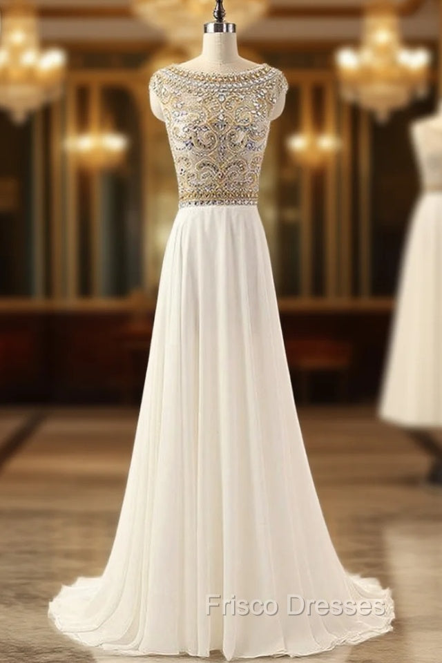 Cheap Ivory Crystals Formal Prom Dress Long Chiffon Beaded Party Dress