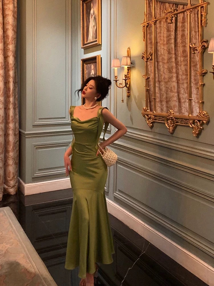 Classy Mermaid Straps Green Satin Prom Dresses Birthday Outfits