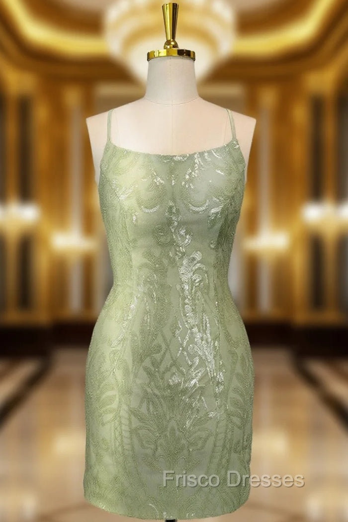 Cute Green Spaghetti straps Lace Up Sequined Homecoming Party Dress