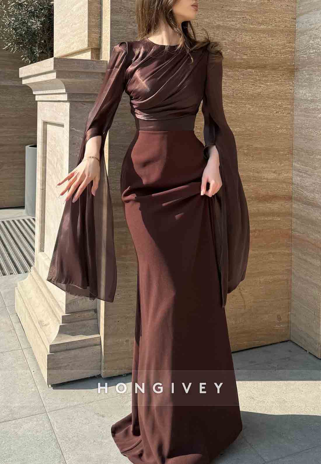 3/4 Sleeve Floor-Length Trumpet Scoop Pleated Evening Gown