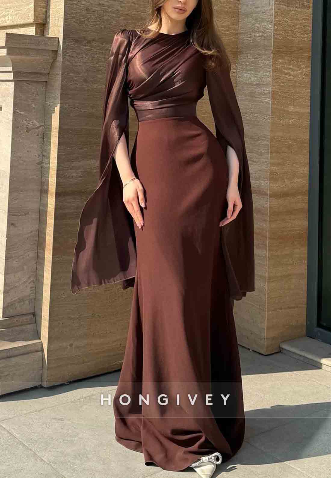 3/4 Sleeve Floor-Length Trumpet Scoop Pleated Evening Gown