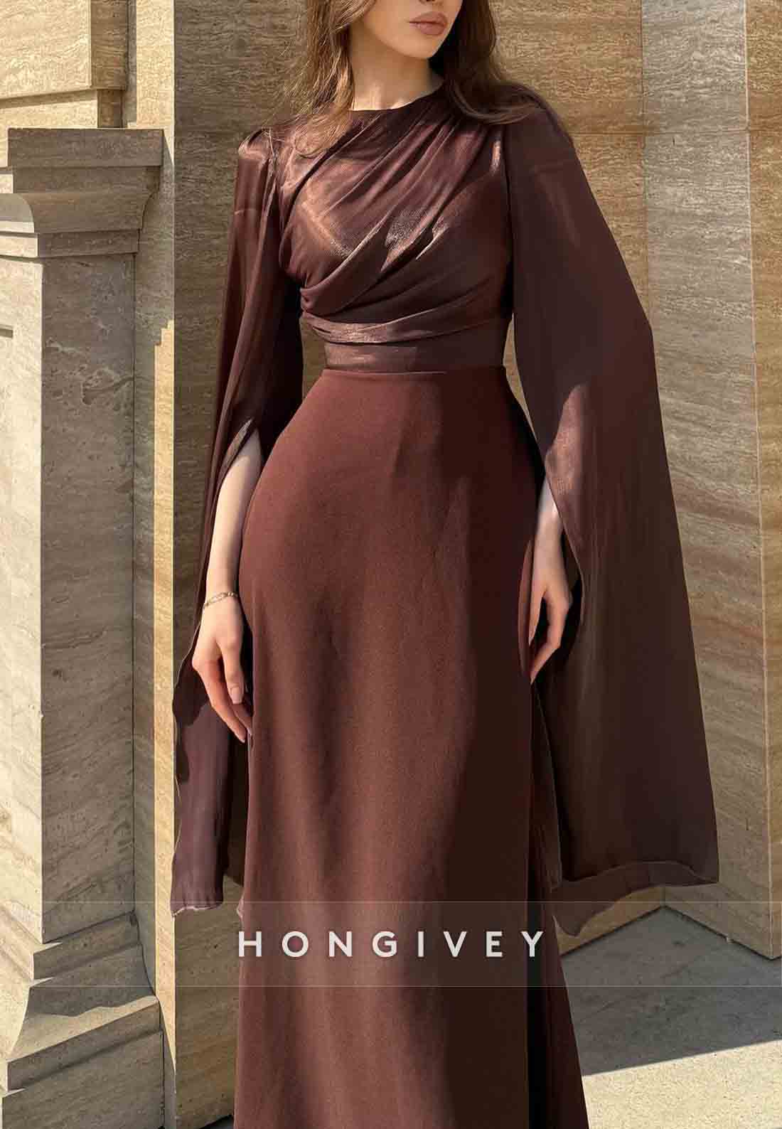 3/4 Sleeve Floor-Length Trumpet Scoop Pleated Evening Gown