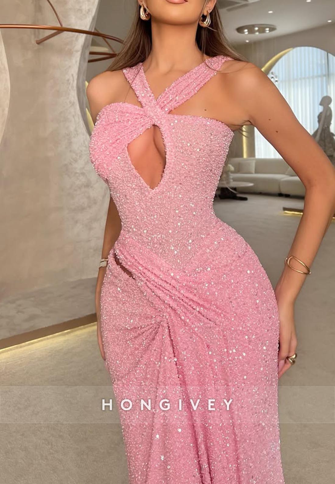 Cross-Neck Fully Sequined Draped Ornate Mermaid Holiday Prom Dresses