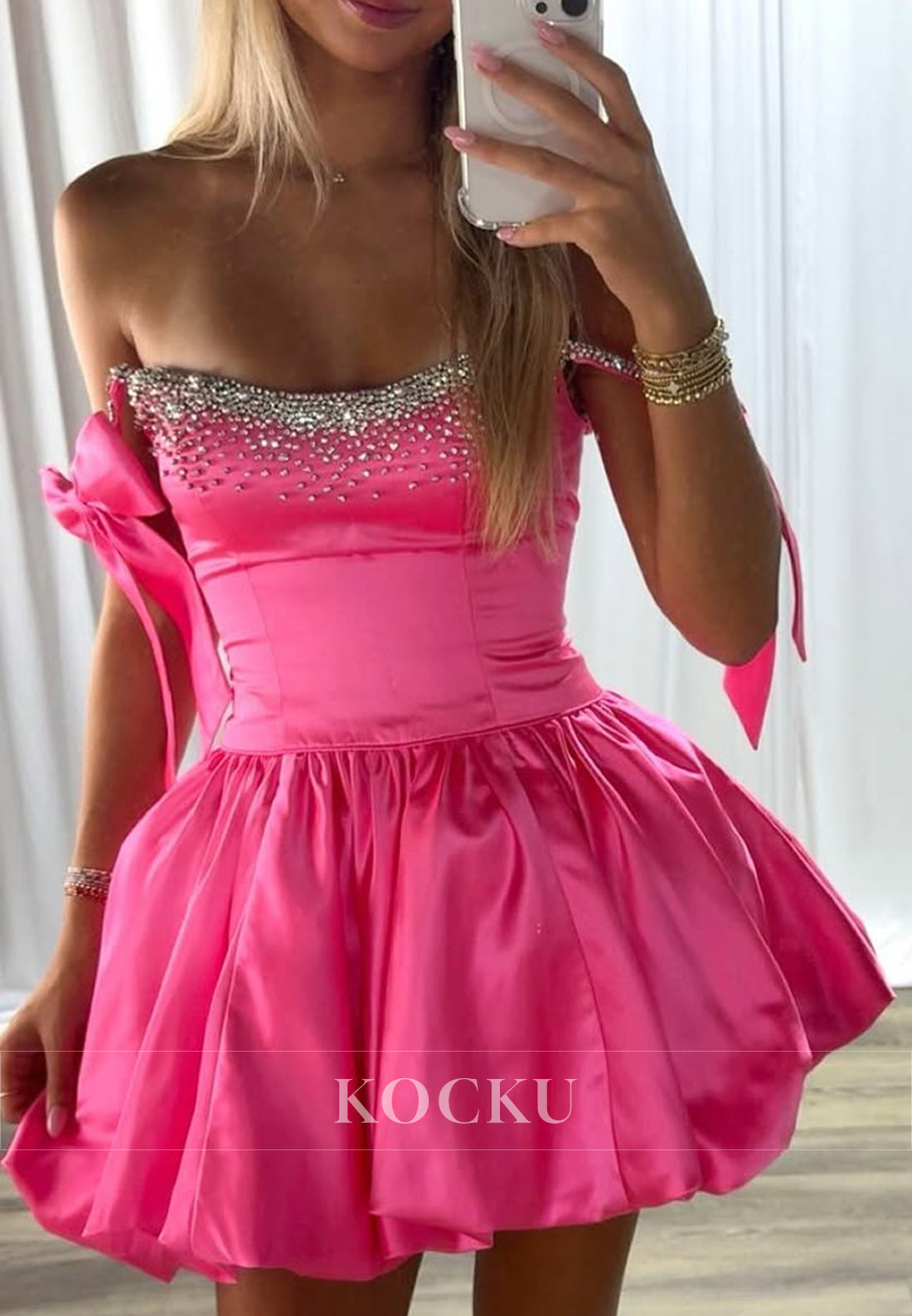 A-Line Scoop Bowknot Rhinestone Homecoming Dresses with Pockets