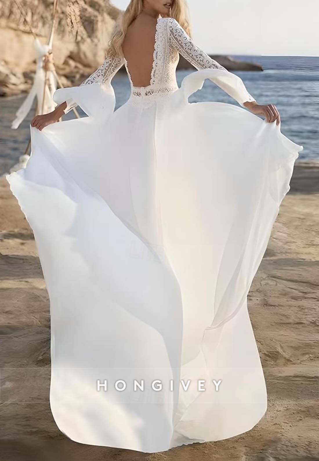 Scalloped Neck Bell Sleeves A-line Floor-Length Lace Boho Wedding Dresses