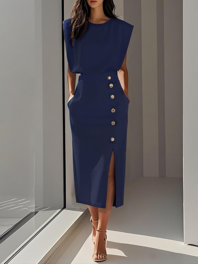 Off White Button Slit Crew Neck Sheath Midi Dress Wedding Guest Dresses
