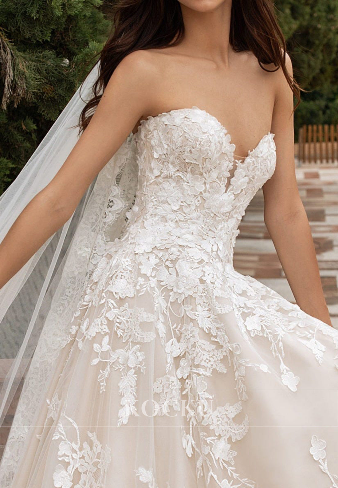 Strapless Lace - Trimmed Wedding Dress with Floral Appliqués & Ball Gown Train