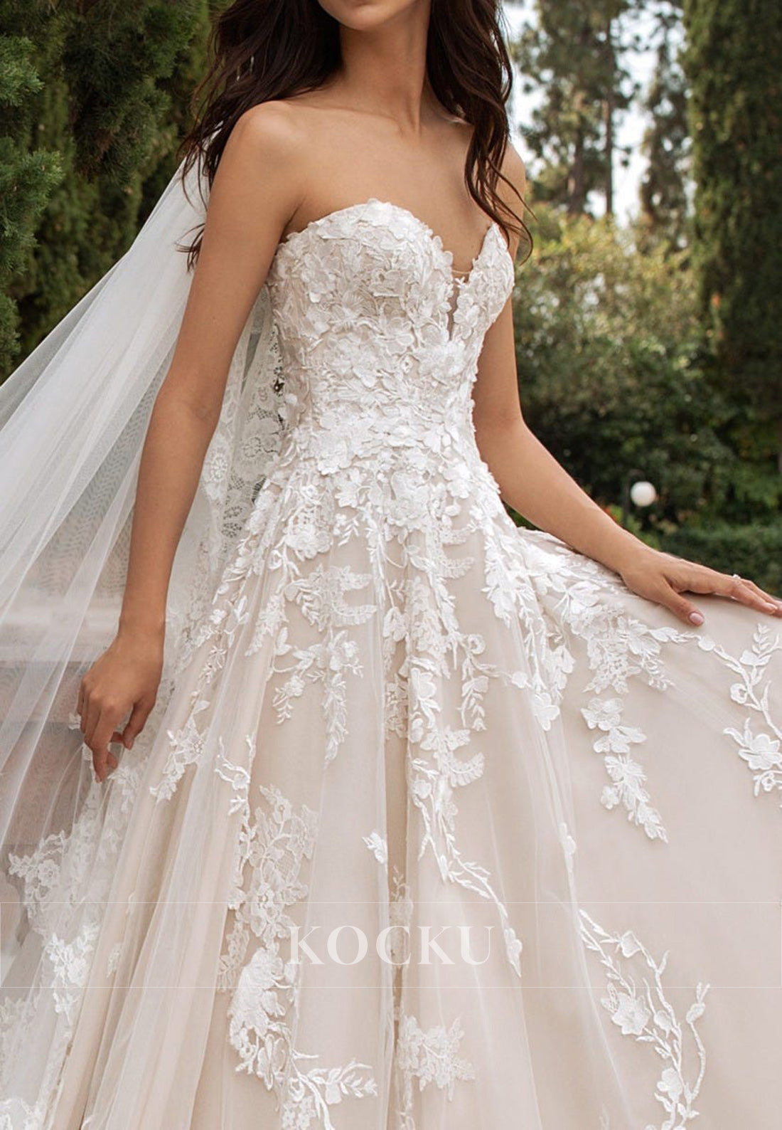 Strapless Lace - Trimmed Wedding Dress with Floral Appliqués & Ball Gown Train