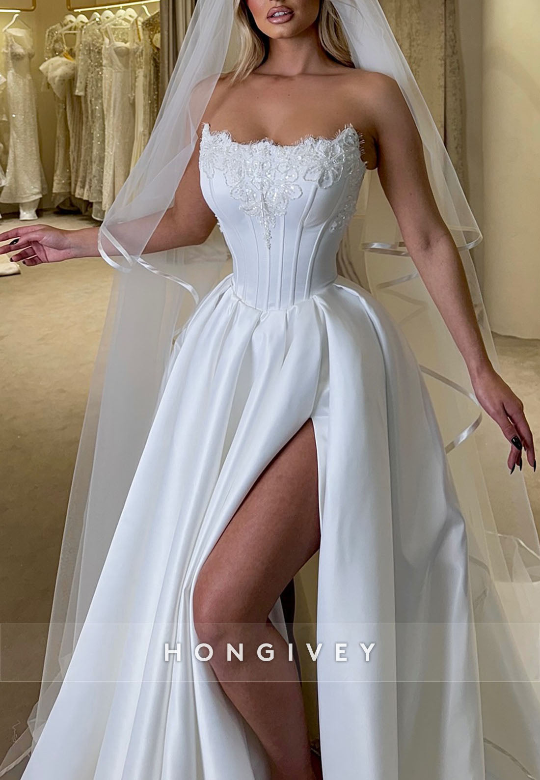 Off the Shoulder Strapless Lace Pleated Court Train A-line Wedding Dresses