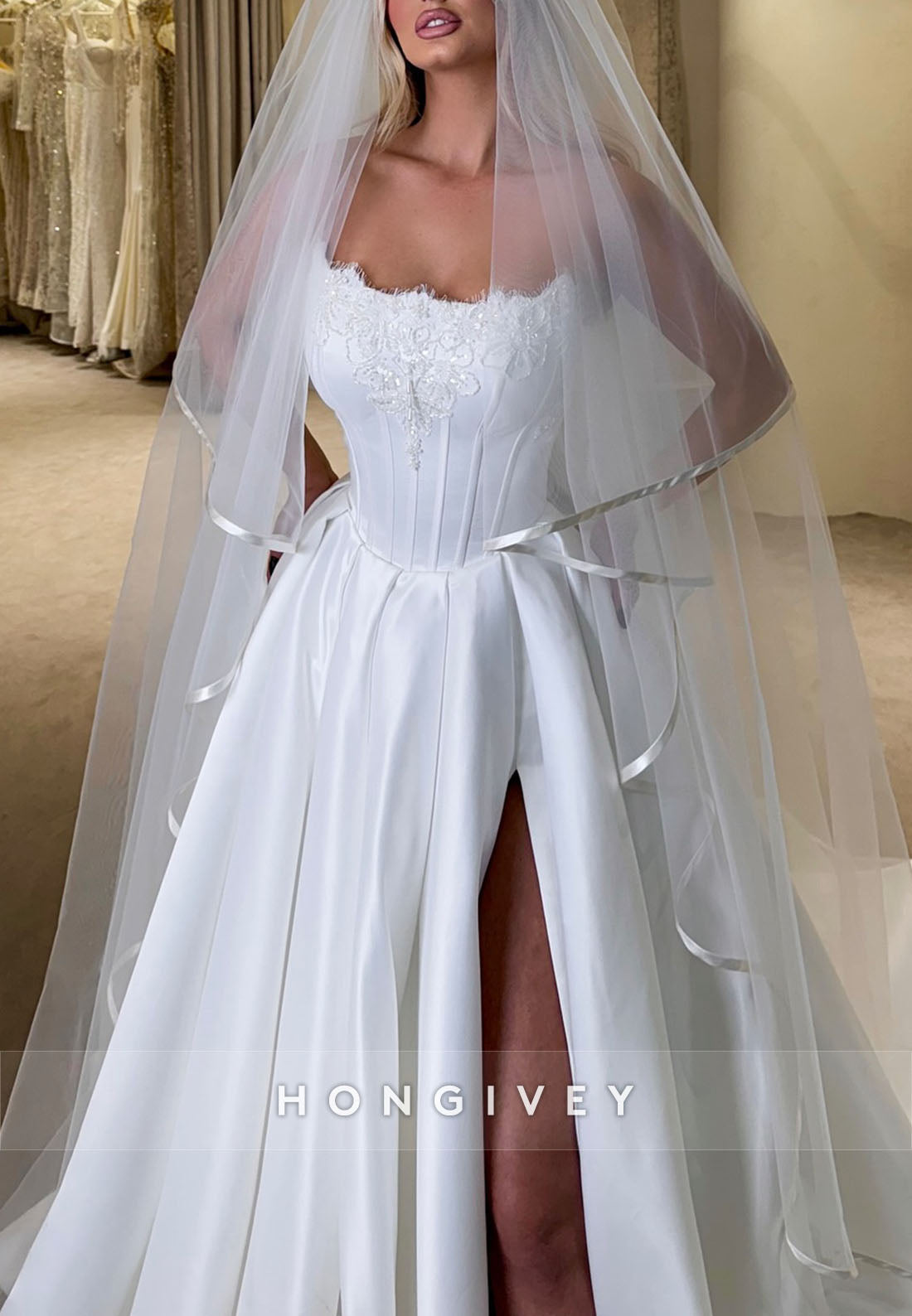 Off the Shoulder Strapless Lace Pleated Court Train A-line Wedding Dresses