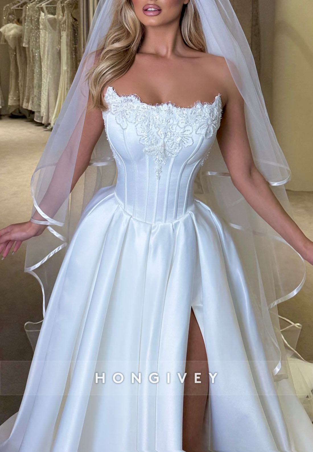 Off the Shoulder Strapless Lace Pleated Court Train A-line Wedding Dresses