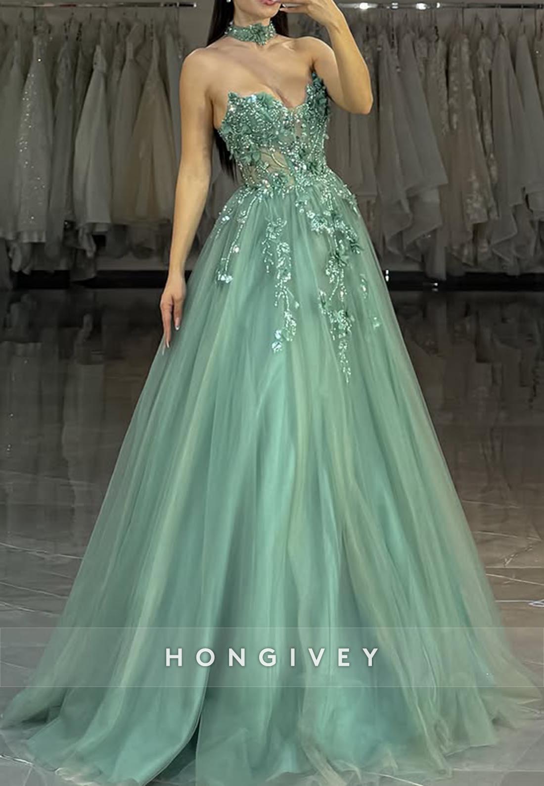 A-Line Sweetheart Lace Applique Rhinestone Long Prom Dresses