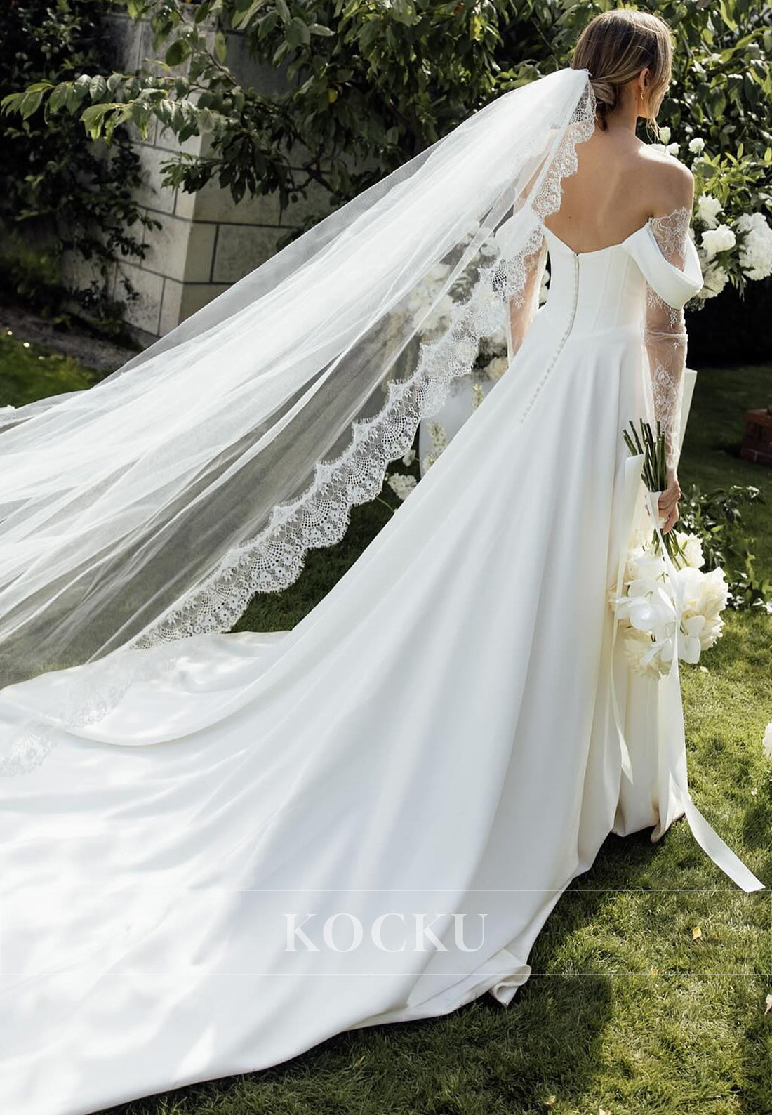 White Cold-Shoulder Ruched Lace-Up A-Line Wedding Dress with Lace Sleeves and Split