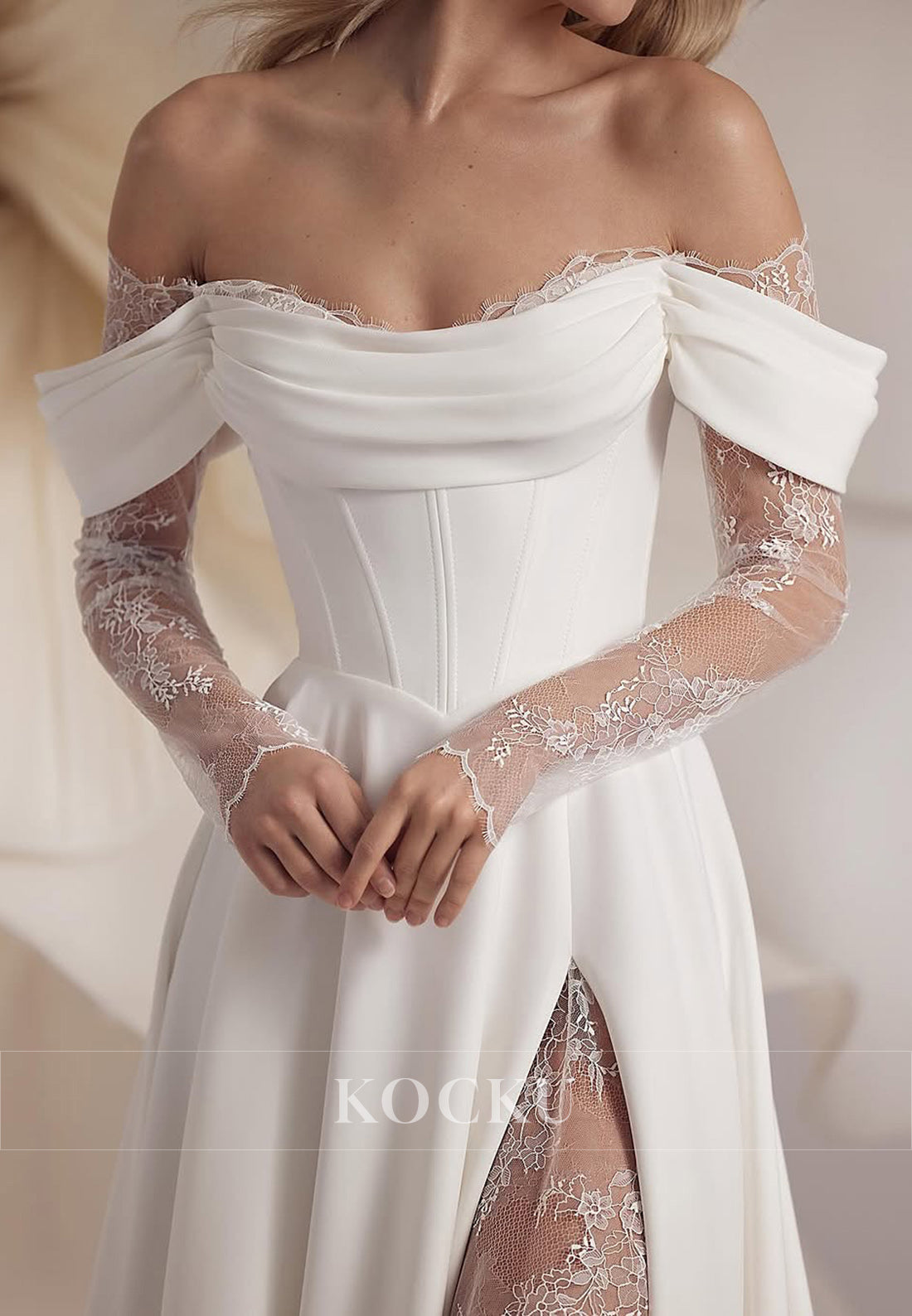 White Cold-Shoulder Ruched Lace-Up A-Line Wedding Dress with Lace Sleeves and Split
