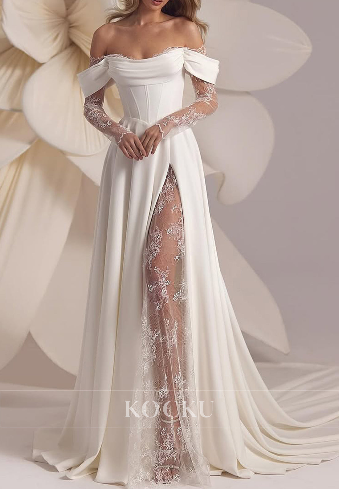 White Cold-Shoulder Ruched Lace-Up A-Line Wedding Dress with Lace Sleeves and Split