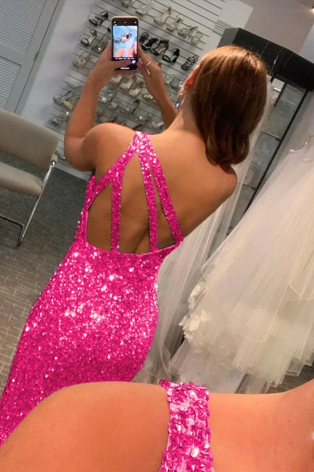 Hot Pink Mermaid Glitter One-Shoulder Backless Prom Dress With Sequins - Fashionpara