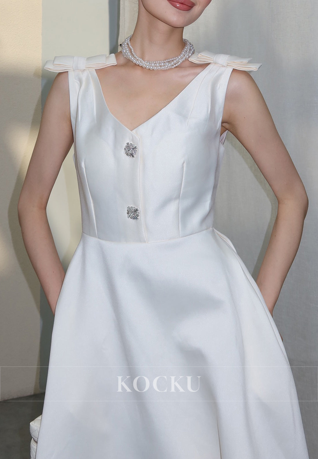 White Satin Midi Dress with Bow Shoulder Details and Crystal Buttons