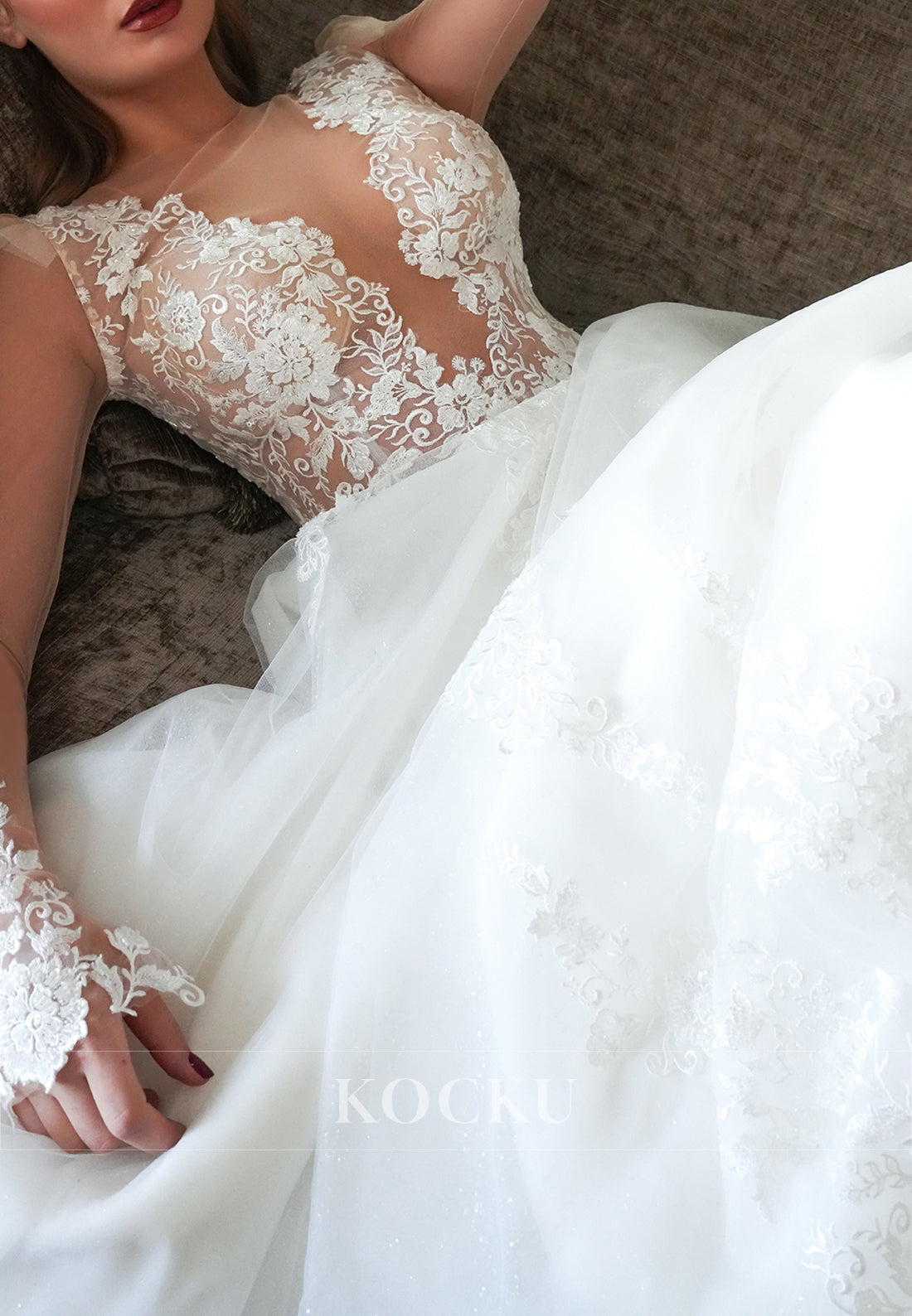 Romantic Sheer Sleeve & Back Tulle Wedding Dress with Lace Embroidery & Train