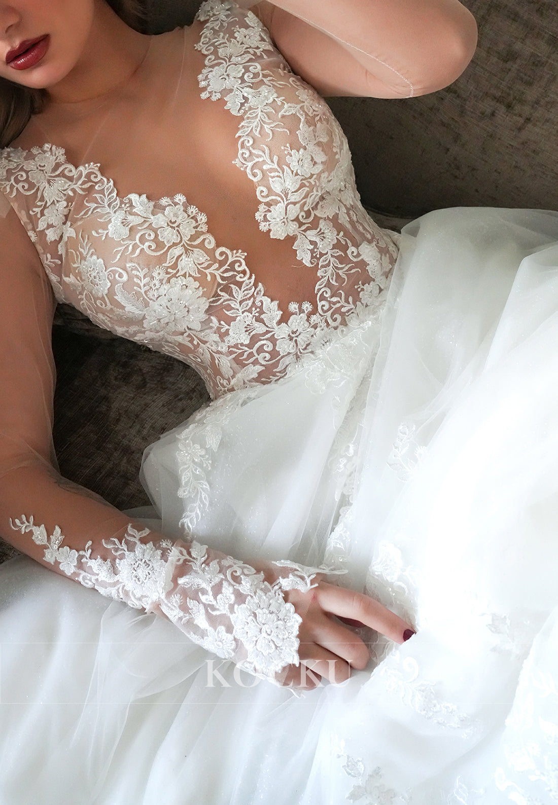 Romantic Sheer Sleeve & Back Tulle Wedding Dress with Lace Embroidery & Train